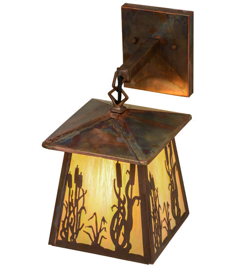 Meyda Lighting Reeds & Cattails 7" Vintage Copper Hanging Wall Sconce With Beige Iridescent Shade Glass