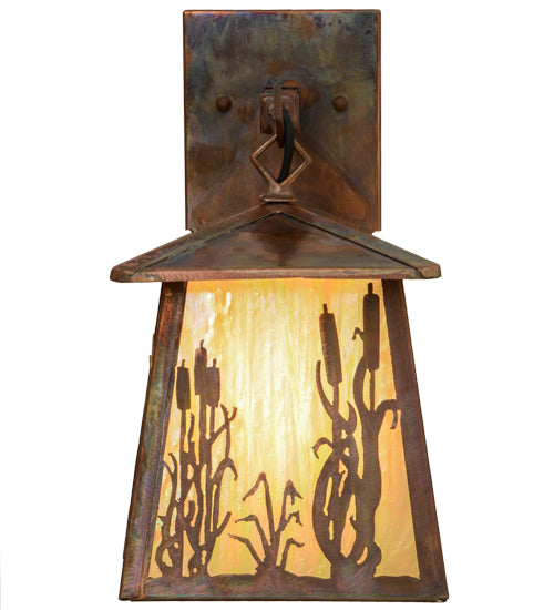 Meyda Lighting Reeds & Cattails 7" Vintage Copper Hanging Wall Sconce With Beige Iridescent Shade Glass