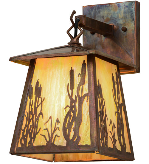 Meyda Lighting Reeds & Cattails 7" Vintage Copper Hanging Wall Sconce With Beige Iridescent Shade Glass