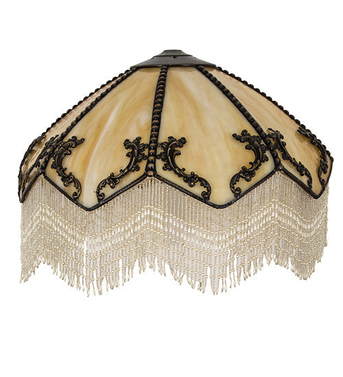 Meyda Lighting Regina 19" Craftsman Brown Highlighted Frame With Beige Art Glass & Fringed Shade