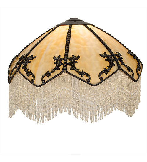 Meyda Lighting Regina 19" Craftsman Brown Highlighted Frame With Beige Art Glass & Fringed Shade