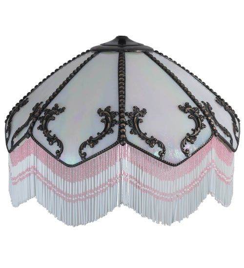 Meyda Lighting Regina 19" Craftsman Brown Highlighted Frame With White Iridescent Art Shade Glass and Fringe
