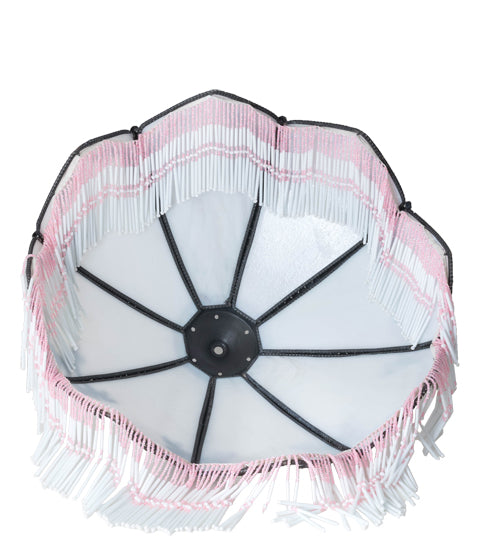 Meyda Lighting Regina 19" Craftsman Brown Highlighted Frame With White Iridescent Art Shade Glass and Fringe