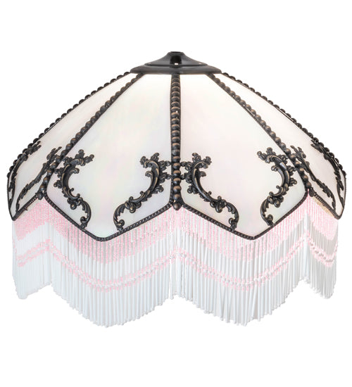 Meyda Lighting Regina 19" Craftsman Brown Highlighted Frame With White Iridescent Art Shade Glass and Fringe