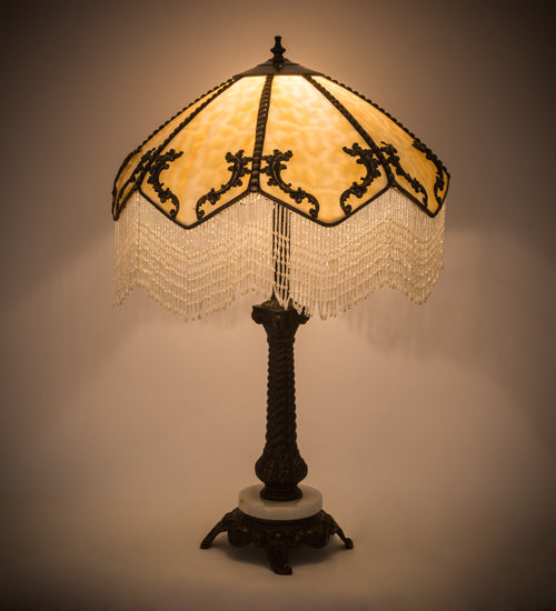 Meyda Lighting Regina 19" Craftsman Brown Highlighted Table Lamp With Beige Art Glass & Fringed Shade