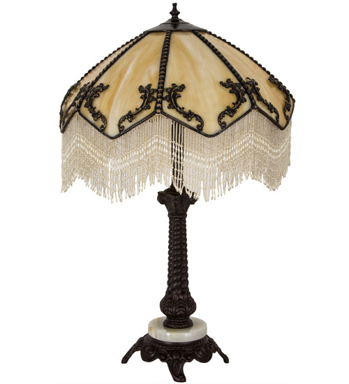 Meyda Lighting Regina 19" Craftsman Brown Highlighted Table Lamp With Beige Art Glass & Fringed Shade