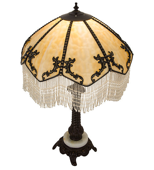 Meyda Lighting Regina 19" Craftsman Brown Highlighted Table Lamp With Beige Art Glass & Fringed Shade