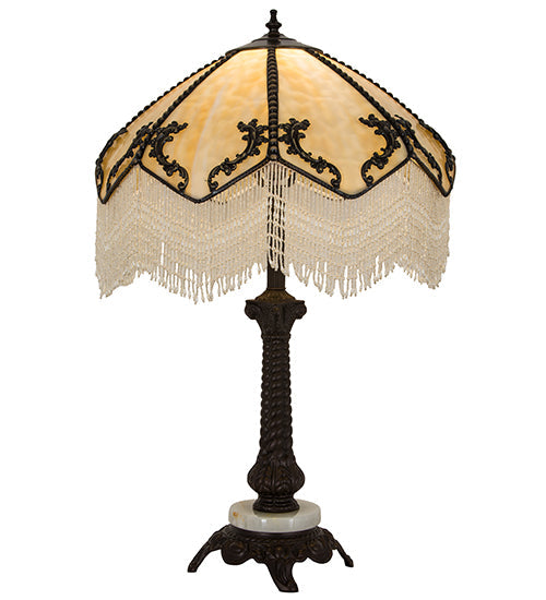 Meyda Lighting Regina 19" Craftsman Brown Highlighted Table Lamp With Beige Art Glass & Fringed Shade