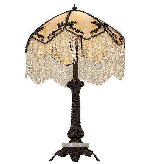 Meyda Lighting Regina 19" Craftsman Brown Highlighted Table Lamp With Beige Art Glass & Fringed Shade
