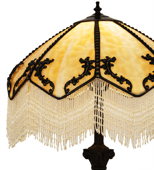Meyda Lighting Regina 19" Craftsman Brown Highlighted Table Lamp With Beige Art Glass & Fringed Shade