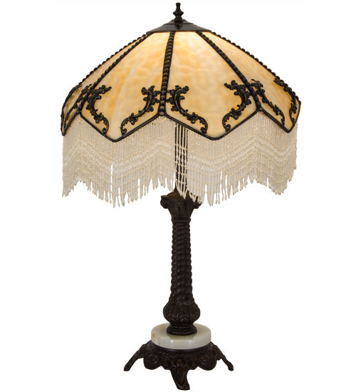 Meyda Lighting Regina 19" Craftsman Brown Highlighted Table Lamp With Beige Art Glass & Fringed Shade