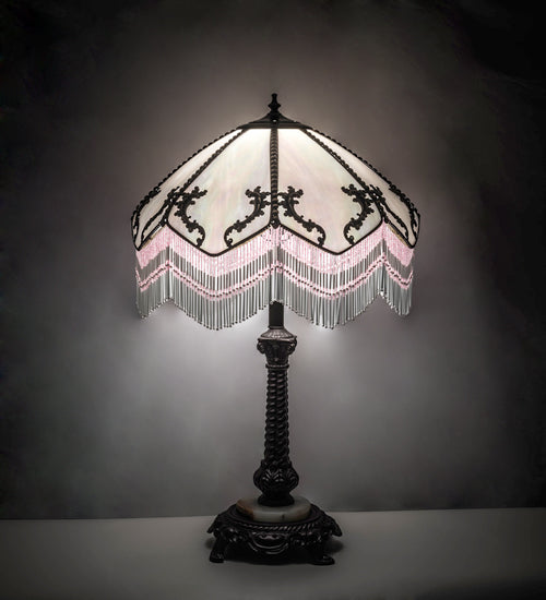 Meyda Lighting Regina 30" Craftsman Brown Table Lamp With White Iridescent Art Shade Glass