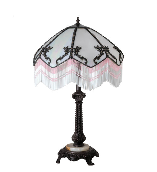 Meyda Lighting Regina 30" Craftsman Brown Table Lamp With White Iridescent Art Shade Glass