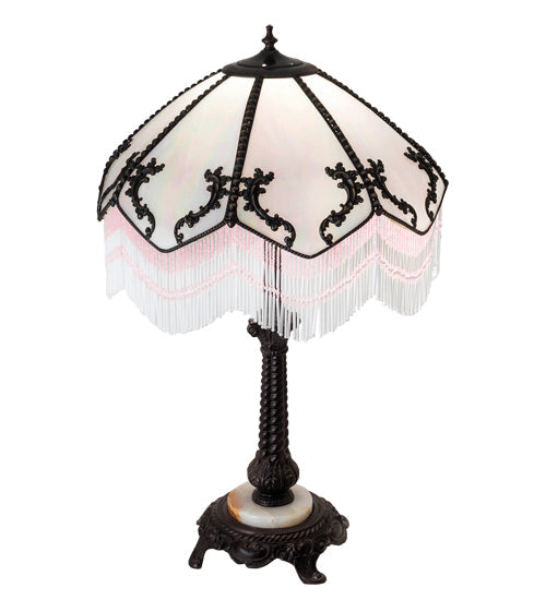 Meyda Lighting Regina 30" Craftsman Brown Table Lamp With White Iridescent Art Shade Glass