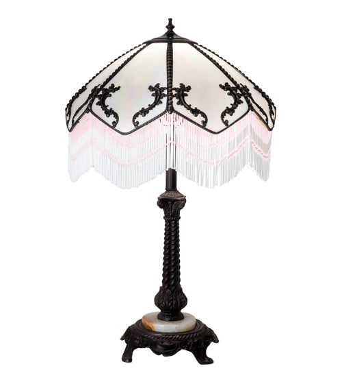 Meyda Lighting Regina 30" Craftsman Brown Table Lamp With White Iridescent Art Shade Glass