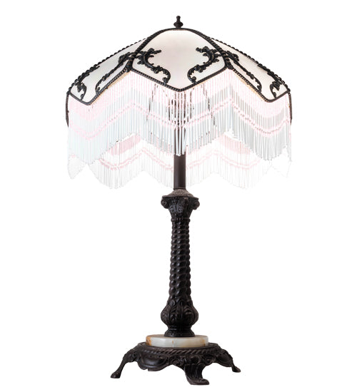Meyda Lighting Regina 30" Craftsman Brown Table Lamp With White Iridescent Art Shade Glass