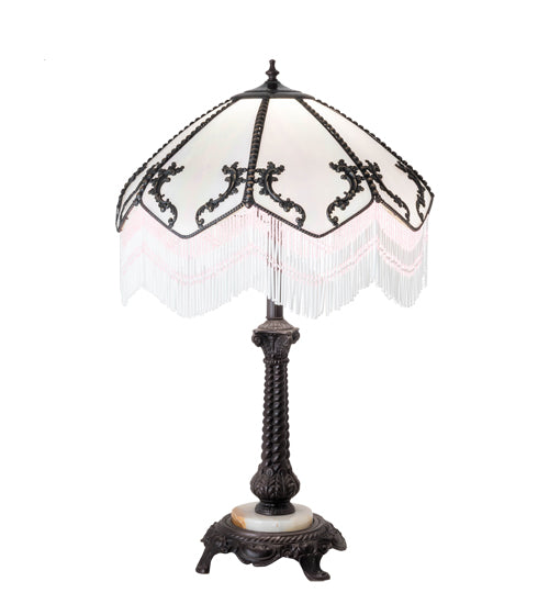 Meyda Lighting Regina 30" Craftsman Brown Table Lamp With White Iridescent Art Shade Glass
