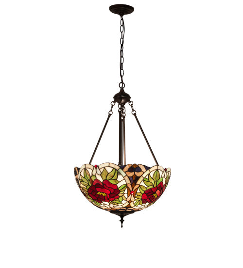 Meyda Lighting Renaissance Rose 20" 3-Light Mahogany Bronze Inverted Pendant Light With Multi-Colored Stained Shade Glass