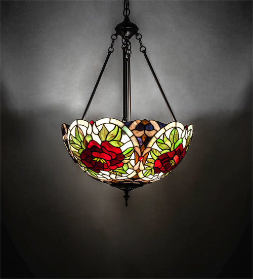 Meyda Lighting Renaissance Rose 20" 3-Light Mahogany Bronze Inverted Pendant Light With Multi-Colored Stained Shade Glass
