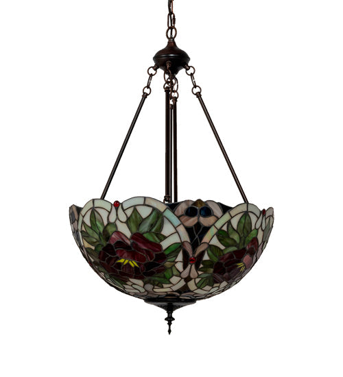Meyda Lighting Renaissance Rose 20" 3-Light Mahogany Bronze Inverted Pendant Light With Multi-Colored Stained Shade Glass