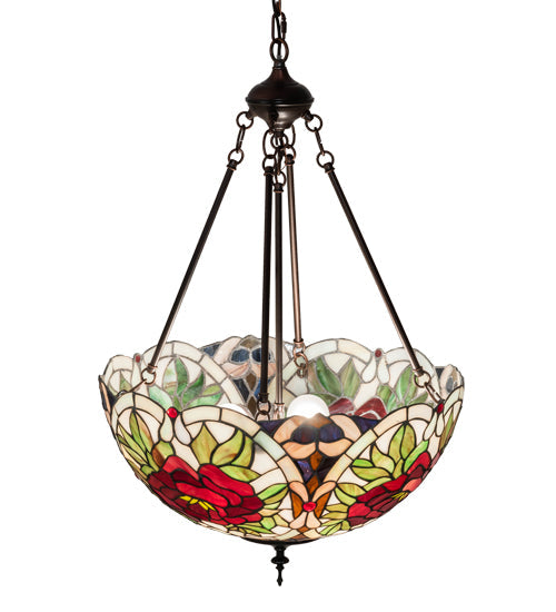 Meyda Lighting Renaissance Rose 20" 3-Light Mahogany Bronze Inverted Pendant Light With Multi-Colored Stained Shade Glass