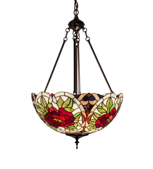 Meyda Lighting Renaissance Rose 20" 3-Light Mahogany Bronze Inverted Pendant Light With Multi-Colored Stained Shade Glass