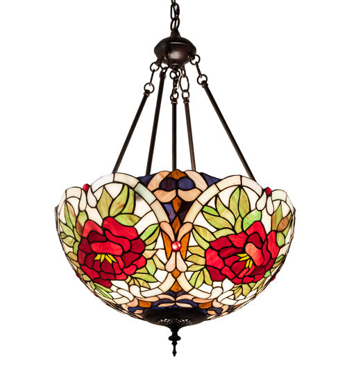 Meyda Lighting Renaissance Rose 20" 3-Light Mahogany Bronze Inverted Pendant Light With Multi-Colored Stained Shade Glass