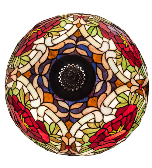 Meyda Lighting Renaissance Rose 20" 3-Light Mahogany Bronze Inverted Pendant Light With Multi-Colored Stained Shade Glass