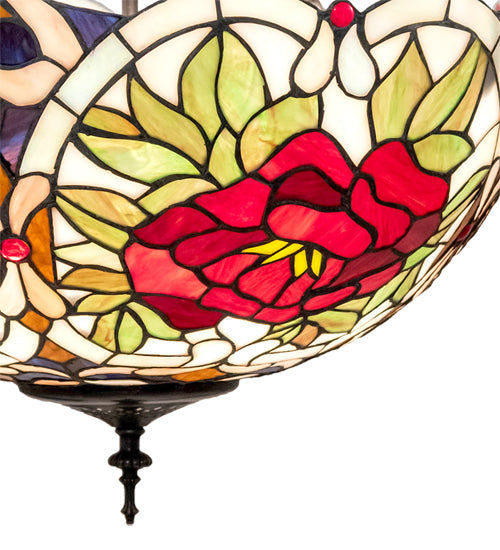 Meyda Lighting Renaissance Rose 20" 3-Light Mahogany Bronze Inverted Pendant Light With Multi-Colored Stained Shade Glass