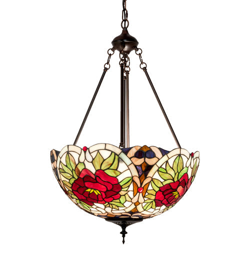 Meyda Lighting Renaissance Rose 20" 3-Light Mahogany Bronze Inverted Pendant Light With Multi-Colored Stained Shade Glass