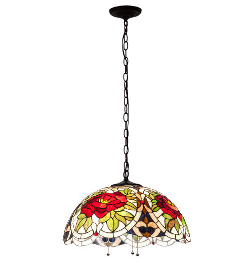 Meyda Lighting Renaissance Rose 20" 3-Light Mahogany Bronze Pendant Light With Multi-Colored Stained Shade Glass