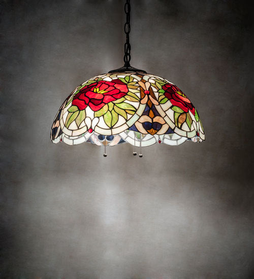 Meyda Lighting Renaissance Rose 20" 3-Light Mahogany Bronze Pendant Light With Multi-Colored Stained Shade Glass