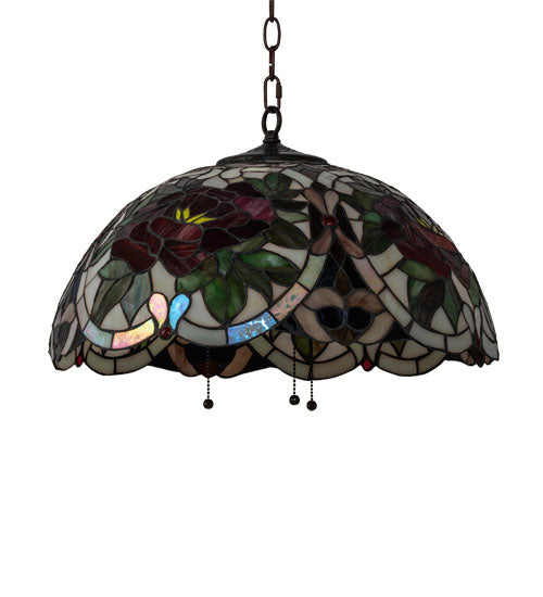 Meyda Lighting Renaissance Rose 20" 3-Light Mahogany Bronze Pendant Light With Multi-Colored Stained Shade Glass