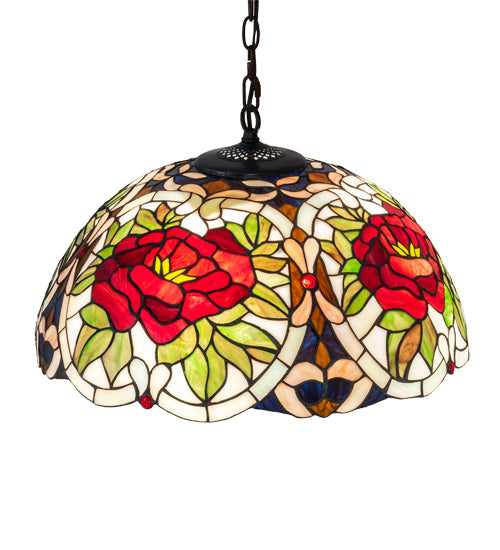 Meyda Lighting Renaissance Rose 20" 3-Light Mahogany Bronze Pendant Light With Multi-Colored Stained Shade Glass