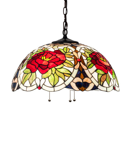 Meyda Lighting Renaissance Rose 20" 3-Light Mahogany Bronze Pendant Light With Multi-Colored Stained Shade Glass
