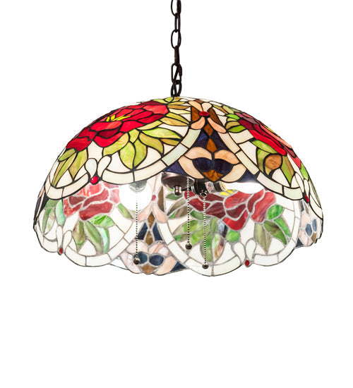 Meyda Lighting Renaissance Rose 20" 3-Light Mahogany Bronze Pendant Light With Multi-Colored Stained Shade Glass