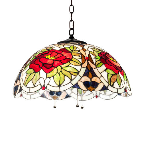 Meyda Lighting Renaissance Rose 20" 3-Light Mahogany Bronze Pendant Light With Multi-Colored Stained Shade Glass