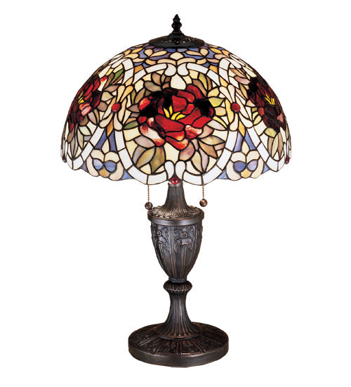 Meyda Lighting Renaissance Rose 24" 2-Light Mahogany Bronze Table Lamp With Multi-Colored Shade Glass