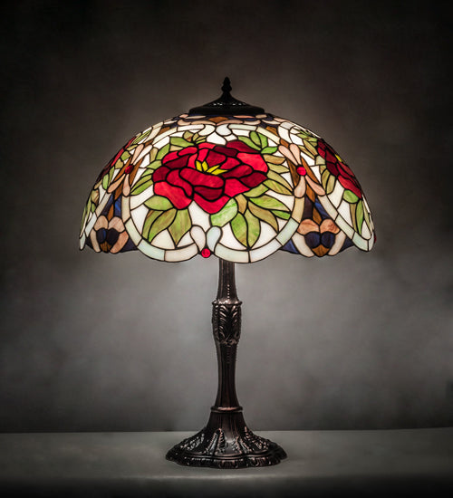 Meyda Lighting Renaissance Rose 26" 3-Light Mahogany Bronze Table Lamp With Multi-Colored Shade Glass