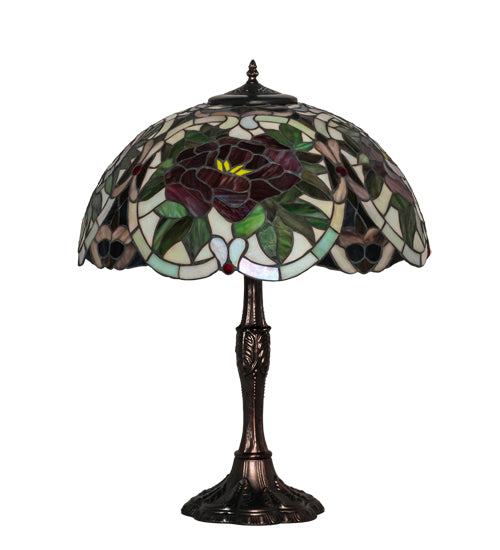 Meyda Lighting Renaissance Rose 26" 3-Light Mahogany Bronze Table Lamp With Multi-Colored Shade Glass