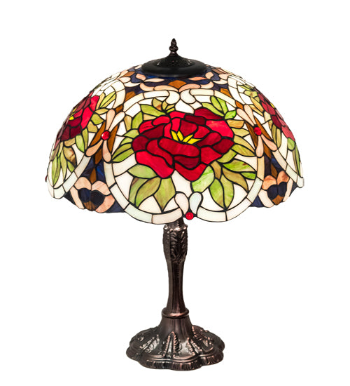 Meyda Lighting Renaissance Rose 26" 3-Light Mahogany Bronze Table Lamp With Multi-Colored Shade Glass