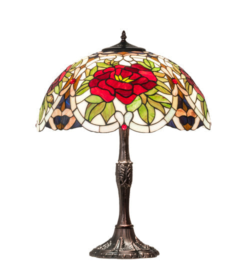Meyda Lighting Renaissance Rose 26" 3-Light Mahogany Bronze Table Lamp With Multi-Colored Shade Glass