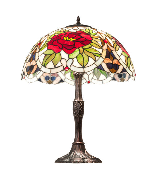 Meyda Lighting Renaissance Rose 26" 3-Light Mahogany Bronze Table Lamp With Multi-Colored Shade Glass