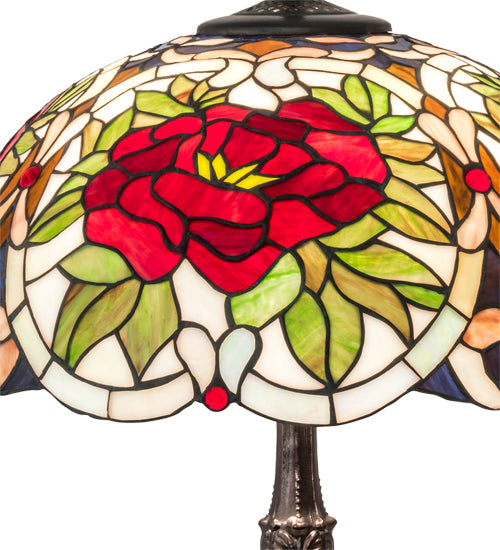 Meyda Lighting Renaissance Rose 26" 3-Light Mahogany Bronze Table Lamp With Multi-Colored Shade Glass