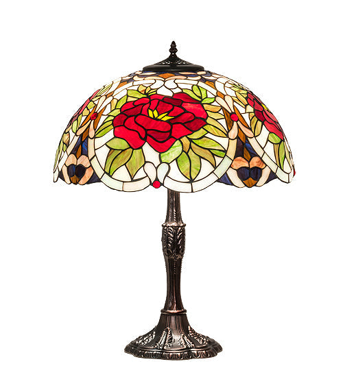 Meyda Lighting Renaissance Rose 26" 3-Light Mahogany Bronze Table Lamp With Multi-Colored Shade Glass