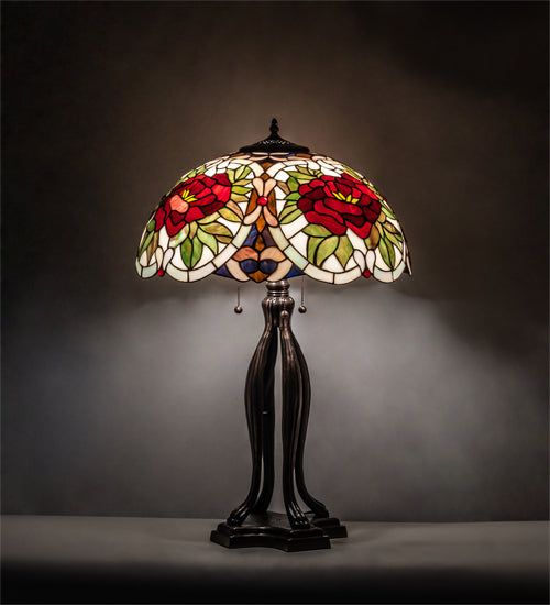 Meyda Lighting Renaissance Rose 30" 3-Light Mahogany Bronze Table Lamp With Multi-Colored Stained Shade Glass