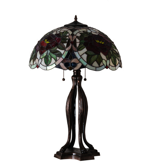 Meyda Lighting Renaissance Rose 30" 3-Light Mahogany Bronze Table Lamp With Multi-Colored Stained Shade Glass