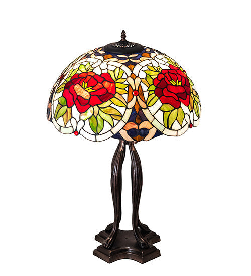 Meyda Lighting Renaissance Rose 30" 3-Light Mahogany Bronze Table Lamp With Multi-Colored Stained Shade Glass
