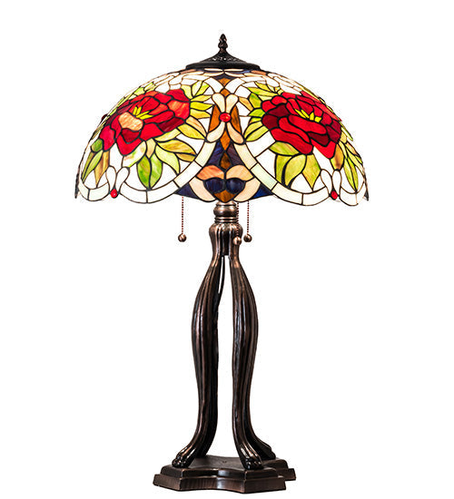 Meyda Lighting Renaissance Rose 30" 3-Light Mahogany Bronze Table Lamp With Multi-Colored Stained Shade Glass