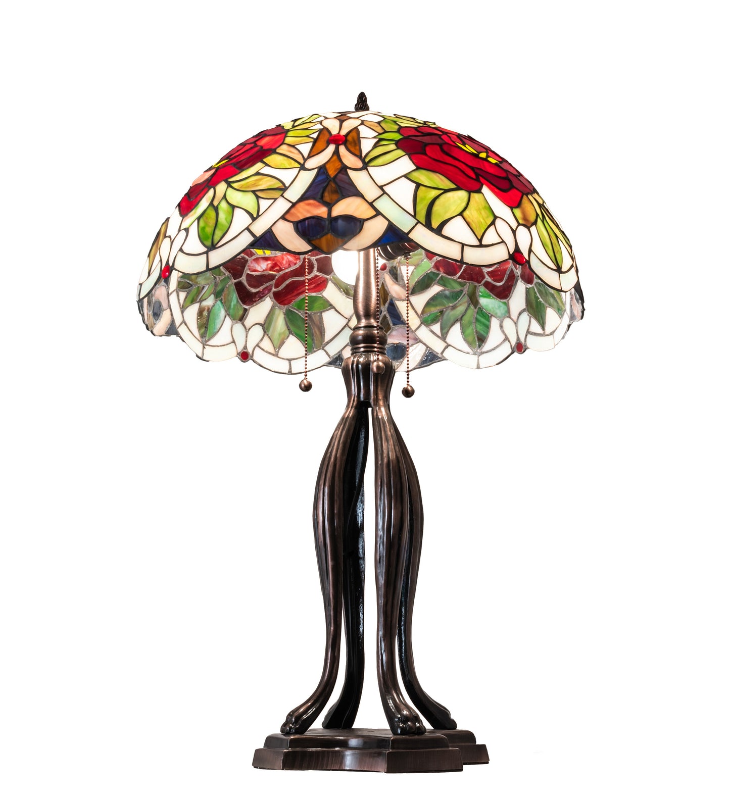 Meyda Lighting Renaissance Rose 30" 3-Light Mahogany Bronze Table Lamp With Multi-Colored Stained Shade Glass